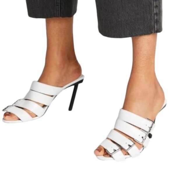 Balenciaga White Buckle Leather Open Toe Mules Stiletto Heel Silver 10 US 40 IT - Picture 5 of 11